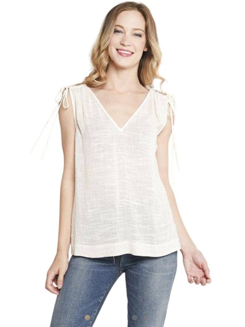 Brochu Walker NWT Aleka Top Ecru Linen Blend V Neck Tie Shoulder Detail Size S